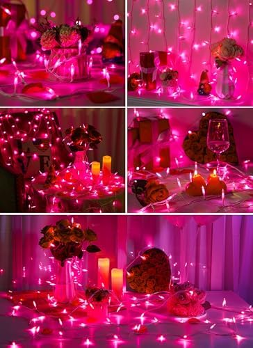 Pink Christmas Mini Lights, 39Feet 100 LED Pink String Light with 8 Lighting Modes, Connectable Valentine's Lights for Indoor Outdoor Valentine's Day Garland Wreath Holiday Decoration, White Wire