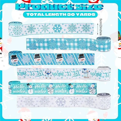 6 Rolls 30 Yards Christmas Wired Edge Ribbon Snowman Sowflake Ribbon