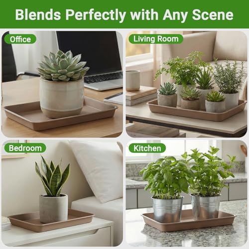 GREANER 3 Packs Plant Saucers for Indoors, 13x10 Inch Brown Plastic Tray, Rectangular Planter Trays and Saucers for Potted Plants