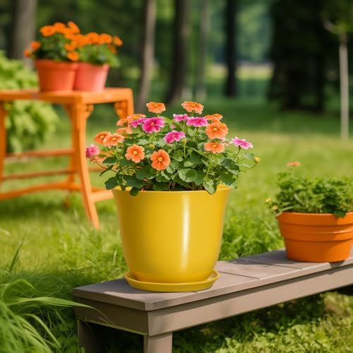 Ceramic Planter - 10 Inch Plant Pot for Indoor Outdoor, Round Flower Pots with Drainage Hole and Saucer, Large Plant Pot, Modern Planters, Home Room Decor, Gifts for Plants Lovers, Yellow