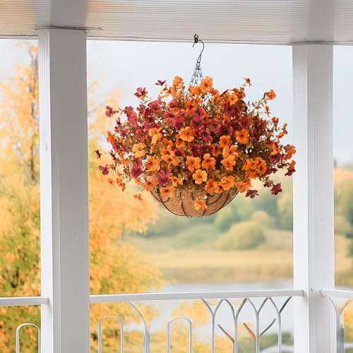 Artificial Fall Hanging Flowers Basket, UV Resistant Mums for Outdoors