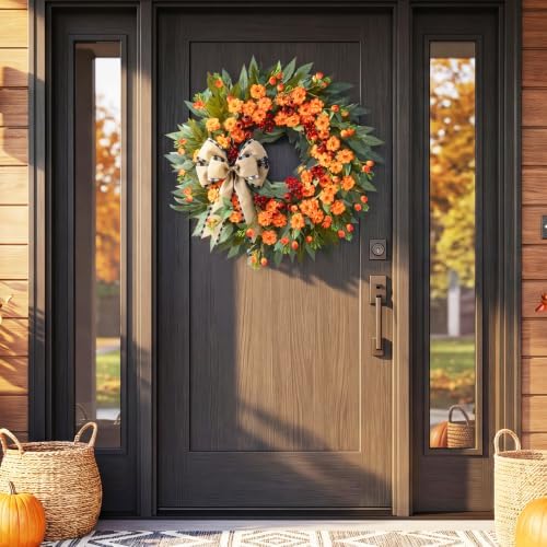 26" Fall Wreaths for Front Door, Fall Wreath with Red Berries & Bow