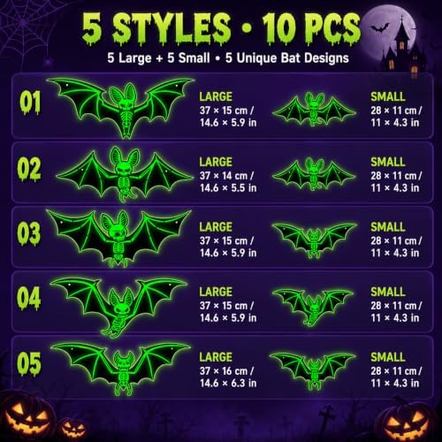 10PCS Glow-in-the-Dark Hanging Bats for Halloween