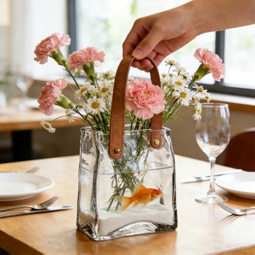 Noamus Glass Purse Vase for Flowers, Unique Bag Vases with Leather Handle, Decorative Wrinkle Handbag Shape Vase, Handmade Clear Fish Bowl for Centerpieces, Home Office Garden Wedding, Farmhouse Decor