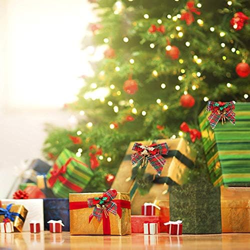 YBB 12Pcs Christmas Red Green Plaid Tree Bows with Jingle Bells