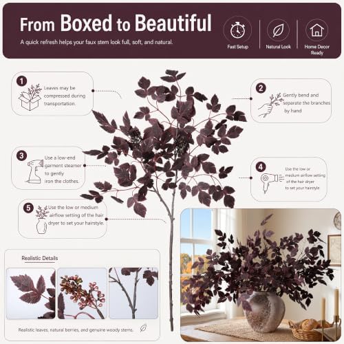HyeFlora Artificial Cimicifuga Plant Leaf Spray Stems 4PCS Fake Greenery Branches 28.7 in Faux Leaves Real Touch Silk Plants DIY Stem for Vase Festival Home Kitchen Garden Farmhouse Decor (Burgundy)