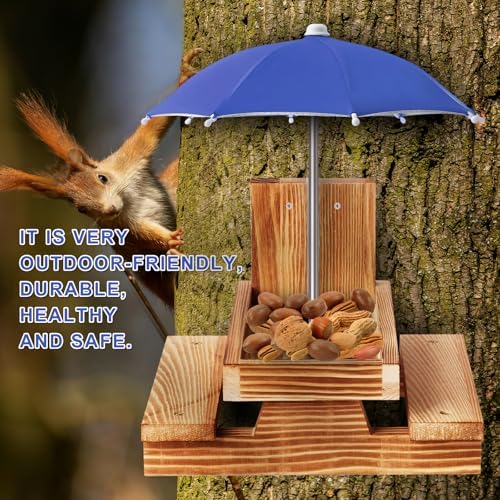 Gnodary Squirrel Feeder with Umbrella, Squirrel Feeders for Outside, Squirrel Picnic Table Feeder - Chipmunk Feeder Hold Corn, Corn Cob, Peanuts Style2 (Blue)