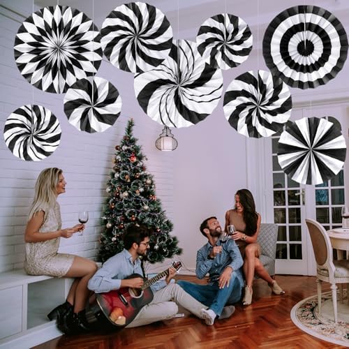 Outus 9 Pcs Black and White Paper Fans Classroom Decorations Candy Paper Fans Peppermint Hanging Candy Cane Ceiling Wall Decor for Halloween Party Back to School Classroom Birthday Party Decoration