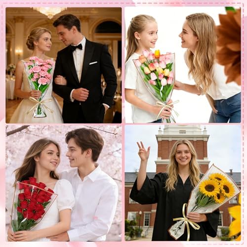Jansun 40Pcs White Flower Bouquet Sleeves & Ribbon Set