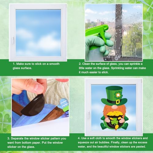 Whaline 9 Sheets St. Patrick's Day Cartoon Window Cling Stickers Cute Lucky Clover Green Shamrock Gnome Reusable Window Decals for Irish Party Home Classroom Decoration