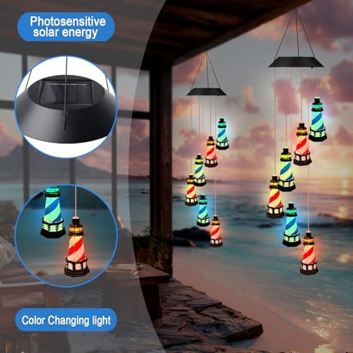 Solar Lighthouse Wind Chimes,Color Changing LED Dangler Mobiles for Outside