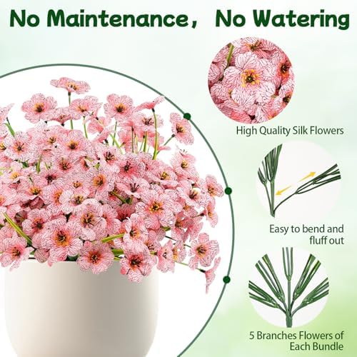 24 Bundles Pink Artificial Flowers for Outdoors, UV Resistant Faux Plants