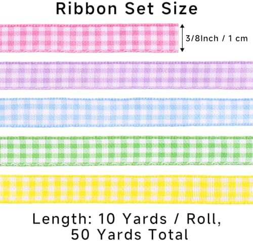 KINGLAKE 5 Rolls Pastel Gingham Ribbon - 3/8 x 50 Yds Plaid Ribbon for Easter Checkered Ribbons for Baby Shower, Gift Wrapping DIY Crafts Party Home Decor (Lt.Pink/Lt.Purple/Lt.Blue/Lt.Green/Yellow)