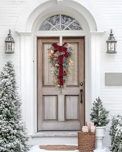 Christmas Teardrop Swag for Front Door with Ornaments, Berries, Bow, 27.5" Christmas Swag Wreath for Stair Window Wall Mantel, Artificial Christmas Swags for Xmas Winter Holiday Decorations, Burgundy