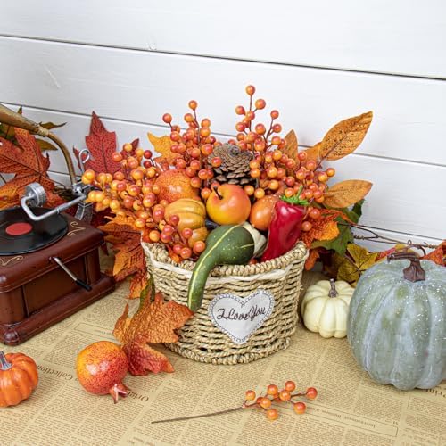 LLZLL Artificial Berry Stems 50 Pack Fall Floral Picks and Sprays 6.5 Inch Small Orange Berry Branches for Autumn Thanksgiving Harvest Christmas Tree DIY Decorations