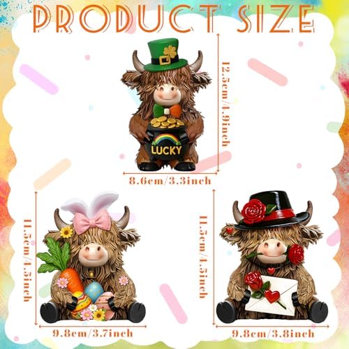3 Pack Seasonal Resin Highland Cow Figurine St. Patrick's Day Easter Bunny Figurines Highland Cow Gifts Decor Resin Statue for Garden Table Shelf Home Decor Calf Gnome Herd Gifts