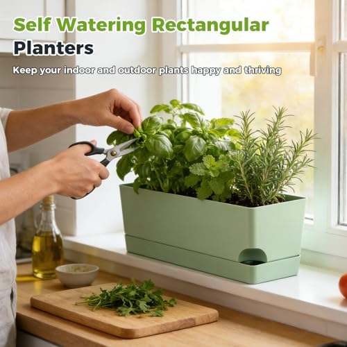 4 Pack Self Watering Pots for Indoor Plants 17 Inches Window Boxes Planters Rectangular Flower Pots Rectangle Herb Pots Large Plant Pots with Drainage Holes and Saucers Windowsill Planter, Green
