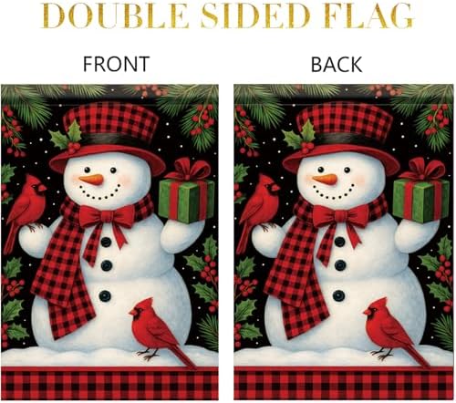Christmas Garden Flag Buffalo Plaid Snowman Cardinal Gift 12x18 Inch Double Sided Outdoor Yard Banner for Winter Holiday Merry Christmas Decoration Seasonal Cute Welcome Decor.