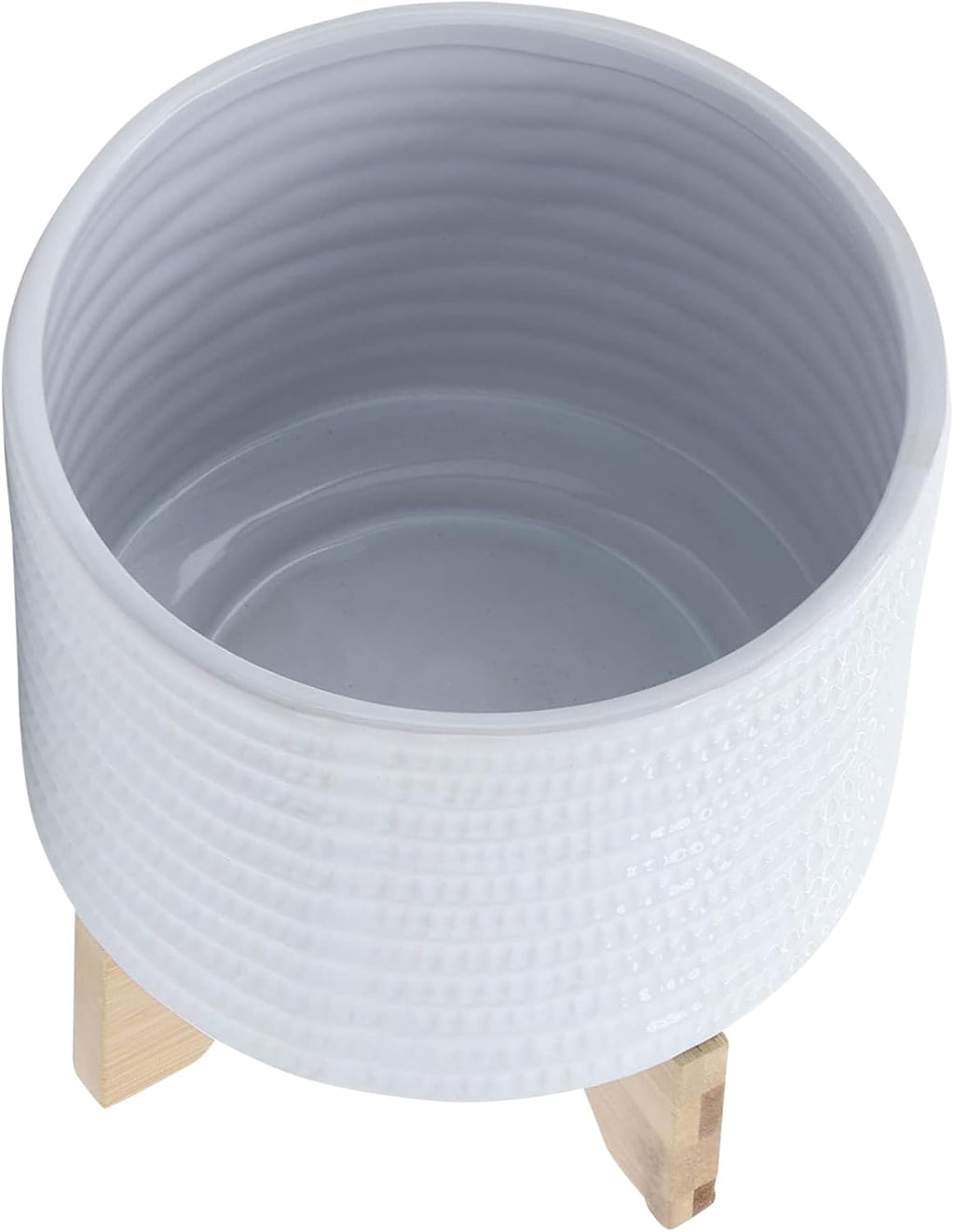 Ceramic Planter with Bamboo Stand – Modern Home Decor Indoor Plant Pot with Textured Stoneware Design – Decorative