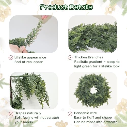 6FT 2PCS Christmas Cedar Garland Real Touch Greenery for Mantle Decor