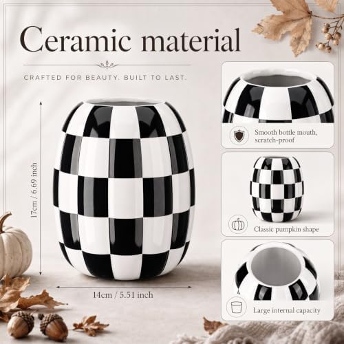 Beeveer 6.7'' Ceramic Pumpkin Vase Black and White Checkered Utensil Holder