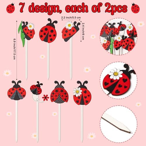 TICIAGA Summer Ladybug Wooden Picks - 14PCS Cute Ladybug Insect Double-Sided Wooden Decorative Picks for Home Vase Filler, Farmhouse Garden Theme Floral Pick for Summer Party Spring Holiday Supplies