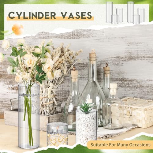 Nuogo 24 Pcs Plastic Cylinder Vases for Centerpieces 4''/6''/8'' Modern