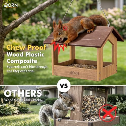 iBorn Pavilion Bird Feeder, Covered Platform Bird Feeder for Outdoors Hanging, WPC Recycled Plastic & Waterproof, Coffee