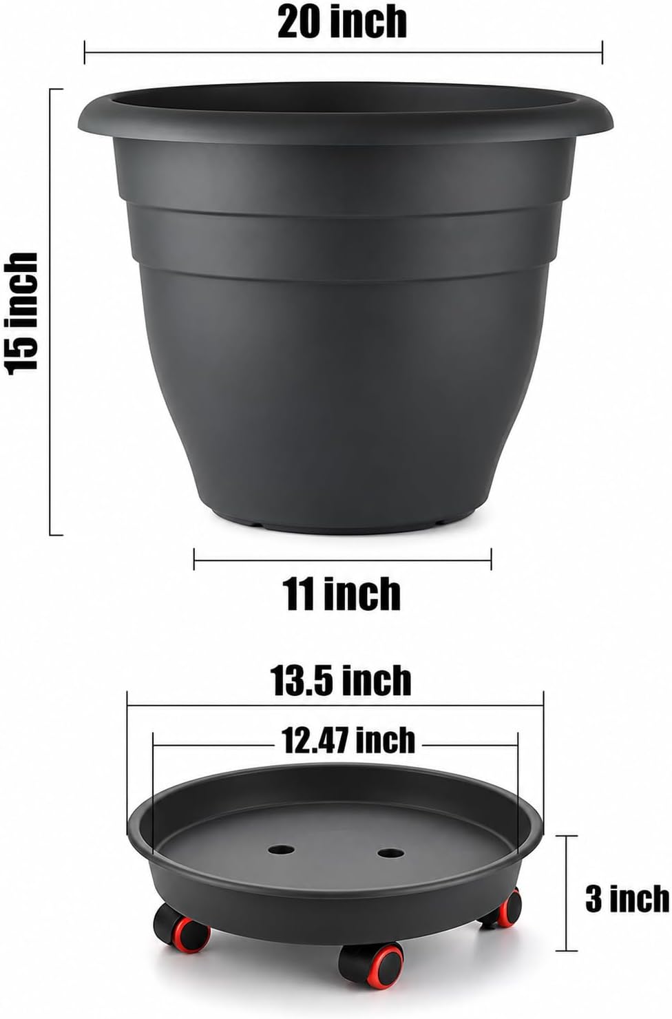 RooTrimmer 3 Pack 20 Inch Large Plant Pots with 13.5 Inch Rolling Saucers,Heavy Duty Planters with Wheels and Drainage