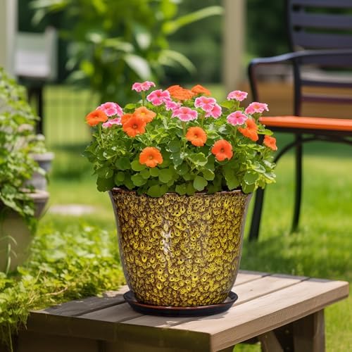 12 Inch Plant Pot - Ceramic Pots for Plants with Drainage Hole and Saucer, Round Planter for Indoor Outdoor, Large Flower Pots, Modern Planter, Patio House Decor, Plant Lovers Gifts, Yellow