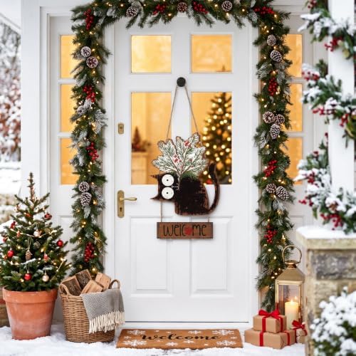 Yookeer Christmas Door Decorations Cat Snow Pine Branches Welcome Door Sign Hanger Wreath Wooden Christmas Cat Farmouse Rustic Wreath Hanging Decor for Xmas Home Porch Window Wall