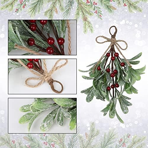 9.1inch Artificial Hanging Mistletoe, Artificial Mistletoe Picks Christmas Mistletoe Ornament with White Bow, Mistletoe Glitter Hanging for Couple Home Party Decor(#2)