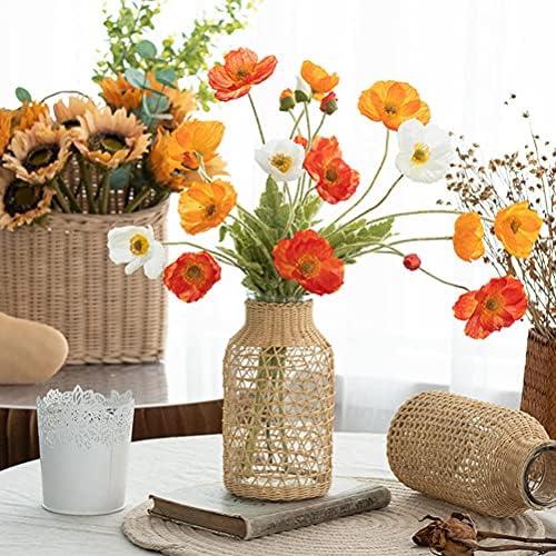 DOITOOL Glass Vase Set with Rattan Cover, Wicker Flower Vase for Home Decor, Boho Decorative Pitcher with Clear Glass Interior, Rustic Farmhouse Table Centerpiece for Floral Arrangements (S+L)