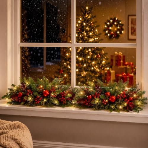 Yalikop 2 Pcs 24.5 Inch Christmas Swags with Light, Ball and Berry
