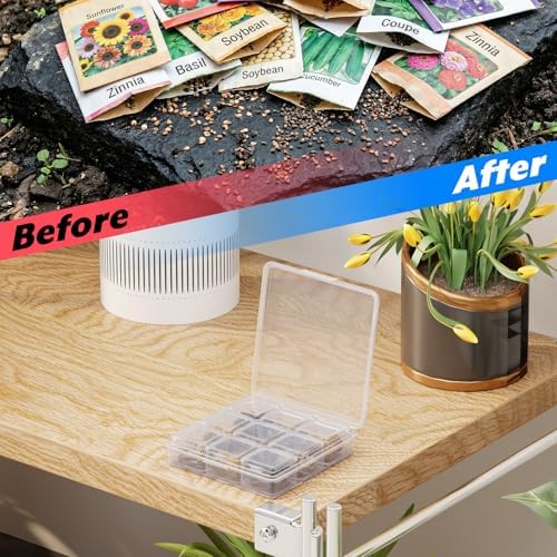 Plant Seed Organizer Box Garden Seed Storage Container Cases Transparent Plastic Collection Box Dustproof Craft Organizer Case with 9 Pcs Mini Storage Cases for Garden Home Office