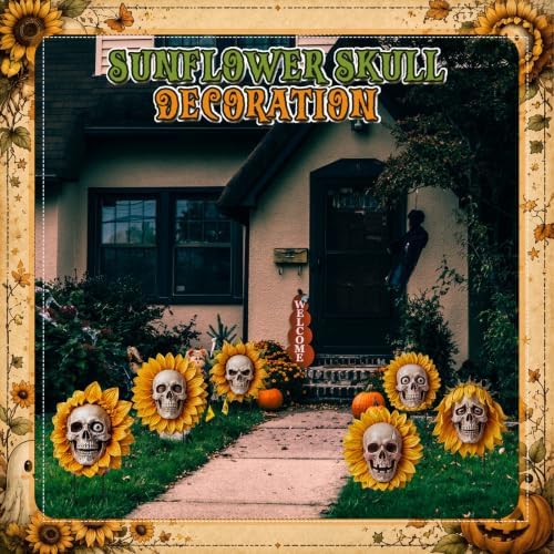 AceOrbit 6 Pcs Halloween Sunflower Skull Outdoor Decor Yard Sign with Stake