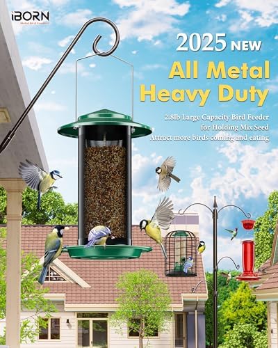 iBorn Bird Feeders for Outdoors, All Metal Mesh Tube, Holding Bird Seed for Outside Feeders,17.7cm Large Roof, Green, 2.8lb(Seed is not Included)