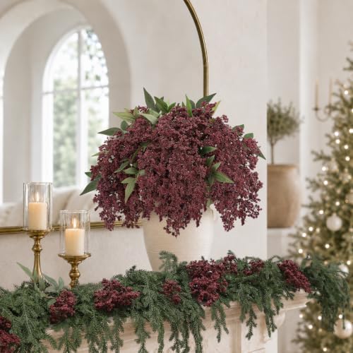 6 Pcs 17'' Artificial Nandina Berry Stems Burgundy Faux Branches Home Decor