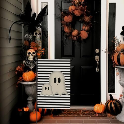 Halloween Garden Flags 12x18 Inch Ghost Black and White Stripes Small Flags for Outside Holiday Scary Yard Flag for Lawn Outdoor Decorations Sign