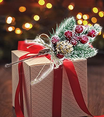 Christmas Berries Red Stems Evergreen Pine Branches 8pcs Christmas Picks Spray Artificial Pine Cones Holly Stem Craft Winter Holiday Floral Picks for Decoration DIY Xmas Garland Wreath Ornaments