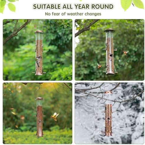 Metal Bird Feeder Tube Hanging Wild Bird Seed Feeder Aluminum Six Port Bird Feeders,1.4 mm Extra Thick Solid Tube Transparent with Steel Hanger Great for Attracting Birds (Antique Copper 2PK)