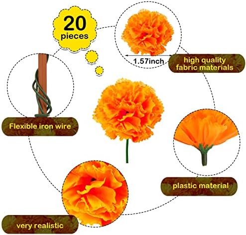 Waydress 20 Pcs Artificial Marigold Flowers Halloween,Orange