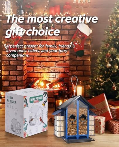 Metal Bird Feeders for Outdoors Hanging Bird House with Solar Lights, Blue