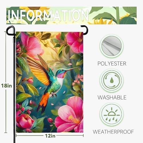 Hummingbird Spring Garden Flags 12 x 18 Summer Flower Garden Flag Bird Floral Seasonal Yard Flags Double Sided for Outside Lawn Outdoor Decorations