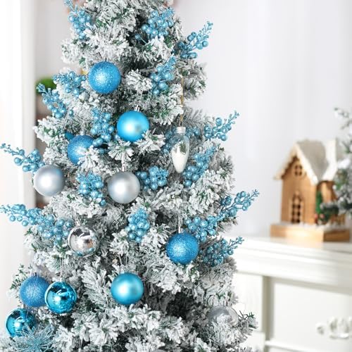 Geosar 36 Pcs Christmas Glittered Berries Stems, Light Blue