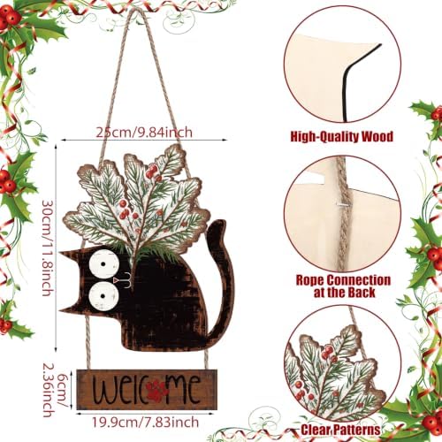 Yookeer Christmas Door Decorations Cat Snow Pine Branches Welcome Door Sign Hanger Wreath Wooden Christmas Cat Farmouse Rustic Wreath Hanging Decor for Xmas Home Porch Window Wall