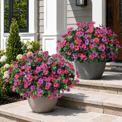 HyeFlora Artificial Flowers for Outdoor Indoor Garden Home Decoration, Faux Flower Daisy with Fabric Azalea Leaves Fake Plants Greenery Porch Patio, 4 Bundles (Purple Pink)