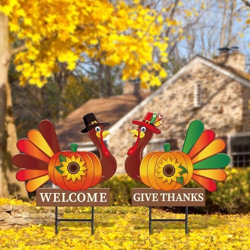 JarThenaAMCS 2 Pack Thanksgiving Fall Metal Garden Stakes Decorations Turkey Pumpkin Welcome Yard Sign for Autumn Harvest Outdoor Lawn Patio Walkway