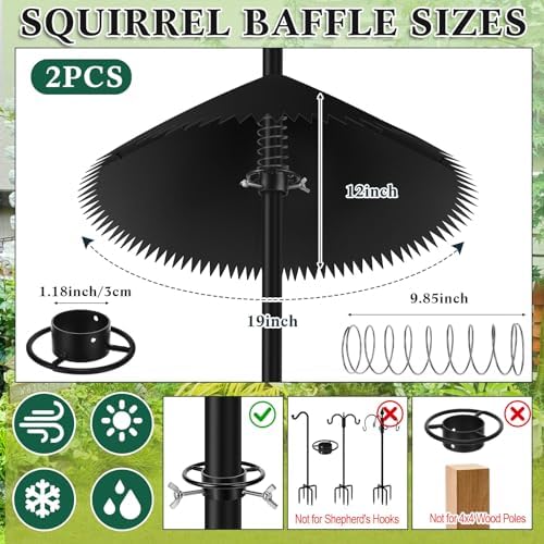 Qualirey 2 Pack Squirrel Baffles for Bird Feeder Poles 19 Inch Extra-Thick Polycarbonate Bird House Guard with Steel Spring Motion for Better Defense, Outdoor Pole Mount Squirrel(Black)