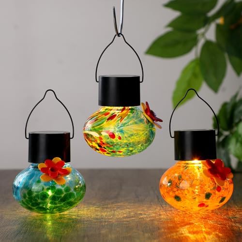 Nuogo 3 Pcs Blown Glass Hummingbird Feeder Gift Solar LED, Color A, Classic